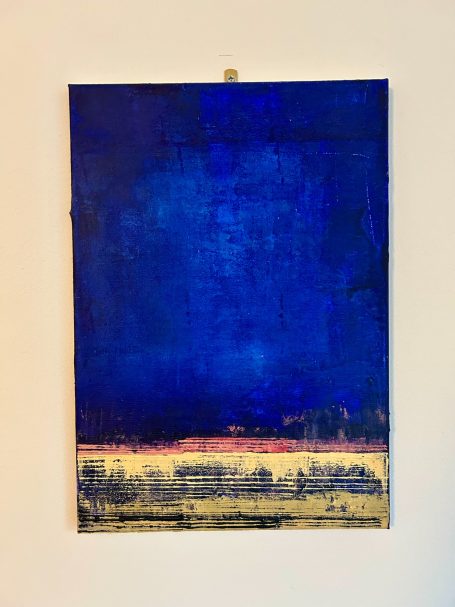 Abstract artwork featuring a rich blue background with horizontal earthy tones at the bottom.