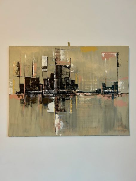 Abstract painting featuring dark structures against a light background with hints of colour.