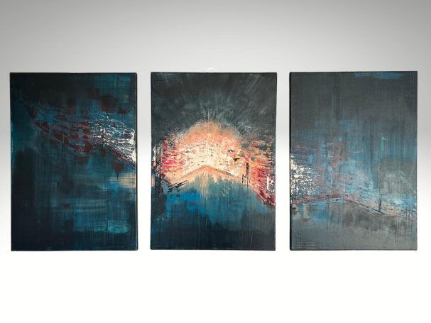 Abstract triptych featuring dark tones with vibrant splashes of colour in the centre.