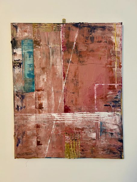 Abstract painting with pink, blue, and yellow textures on a beige background.