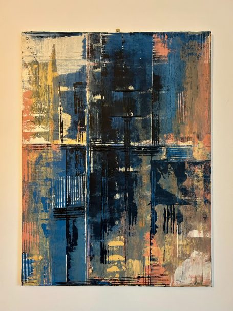 Abstract painting featuring blue, yellow, and orange tones with textured brush strokes.